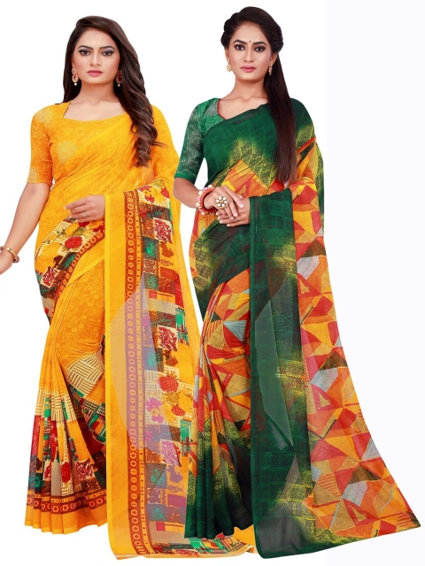 

Florence Pack Of 2 Yellow & Green Floral Pure Georgette Saree