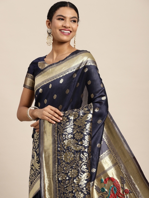 

Satrani Navy Blue & Gold-Toned Floral Zari Saree