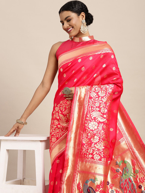 

Satrani Pink & Gold-Toned Floral Zari Saree
