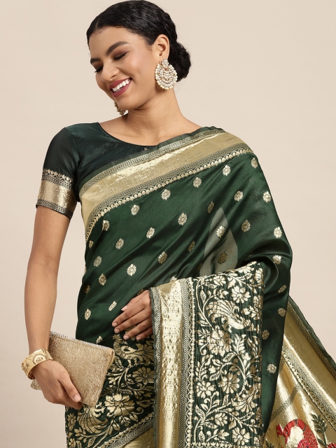

Satrani Olive Green & Gold-Toned Floral Zari Saree
