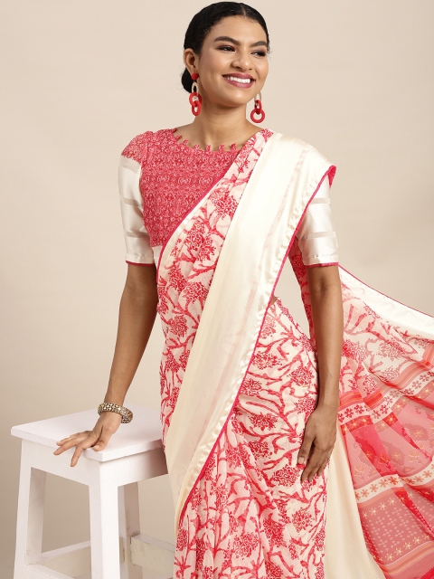 

Satrani Cream-Coloured & Pink Floral Pure Georgette Saree