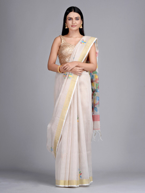 

Mitera Off White & Pink Floral Pure Silk Saree