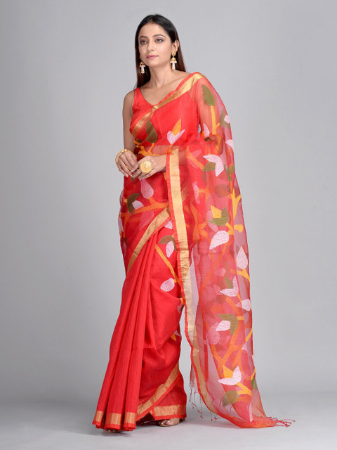 

Mitera Red & Yellow Floral Zari Pure Silk Jamdani Saree