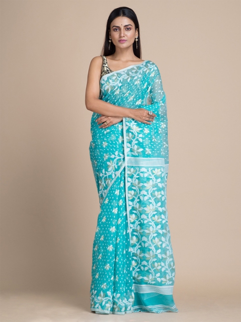 

Mitera Sea Green & White Floral Silk Cotton Jamdani Saree