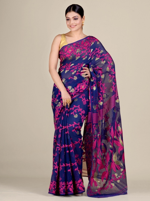 

Mitera Blue & Pink Floral Zari Silk Cotton Heavy Work Saree