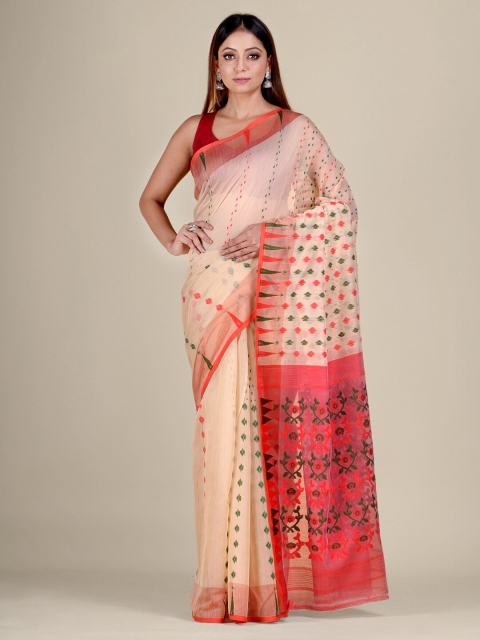 

Mitera Beige & Red Woven Design Silk Cotton Jamdani Heavy Work Saree