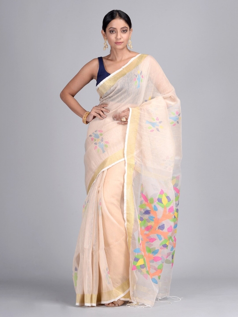 

Mitera Cream-Coloured & Green Woven Design Zari Pure Silk Jamdani Saree