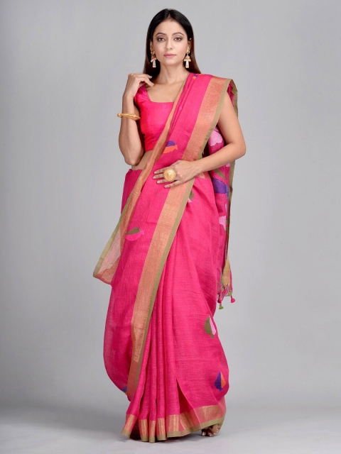 

Mitera Pink & Blue Floral Pure Linen Saree
