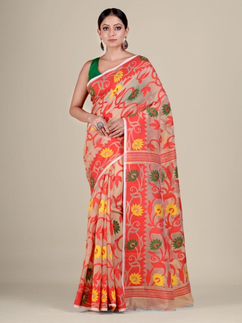 

Mitera Red & Yellow Floral Zari Silk Cotton Saree