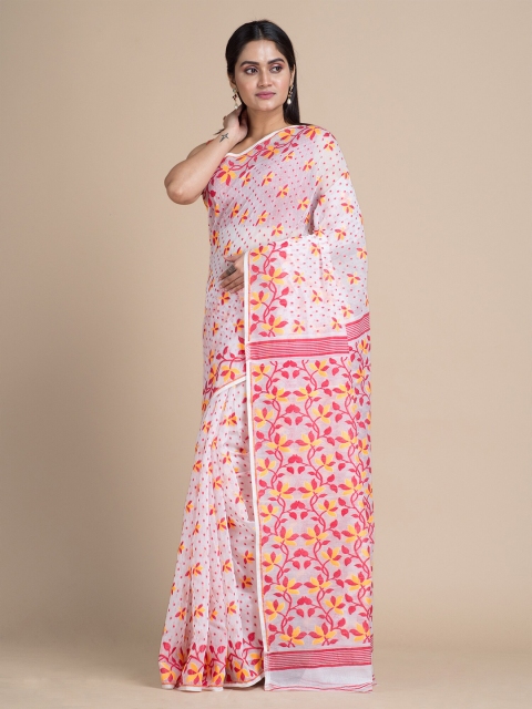 

Mitera White & Red Floral Jamdani Saree