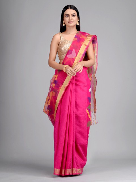 

Mitera Pink & Orange Floral Zari Pure Silk Jamdani Heavy Work Saree