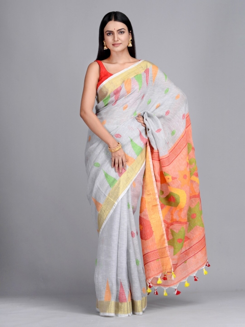 

Mitera Grey & Peach-Coloured Woven Design Zari Pure Linen Saree
