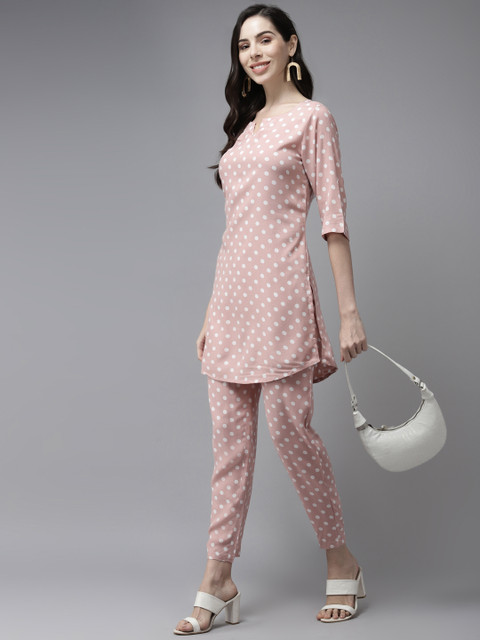 

PANIT Women Pink Polka Dot Printed Tunic With Trousers