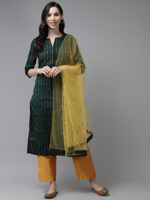 

PANIT Women Teal Green & Mustard Yellow Striped Sequinned Kurta with Trousers & Dupatta