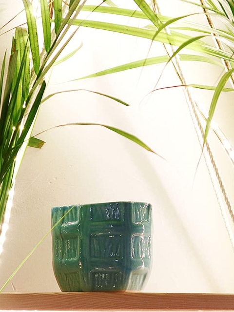 

Leafy Tales Turquoise Blue Textured Barrel Shaped Ceramic Pot Planters