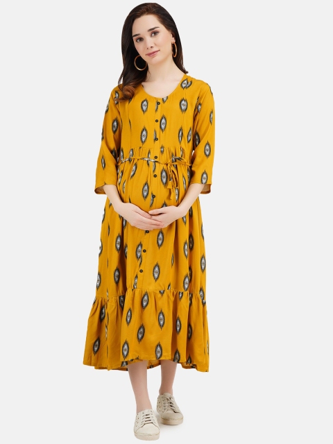 

KOI SLEEPWEAR Mustard Yellow Abstract Maternity Cotton Midi Dress with Feeding Pocket