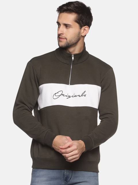 

THE BONTE Men Olive Green Colourblocked Sweatshirt