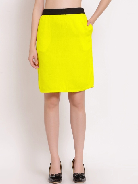 

PATRORNA Women Plus Size Yellow Solid Pencil Knee-Length Skirt