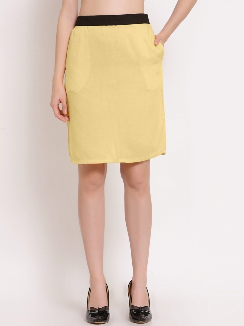 

PATRORNA Women Gold-Colored Solid Pencil Knee-Length Skirt