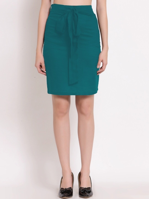 

PATRORNA Women Sea Green Solid Pencil Above Knee-Length Skirts