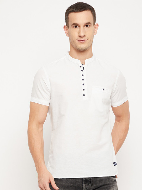 

Octave Men White Solid Mandarin Collar Cotton T-shirt