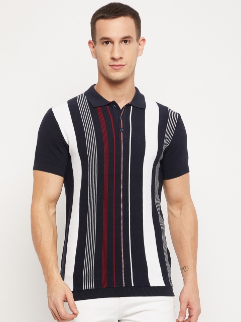 

Octave Men Navy Blue Striped Polo Collar 100% Cotton Regular T-shirt