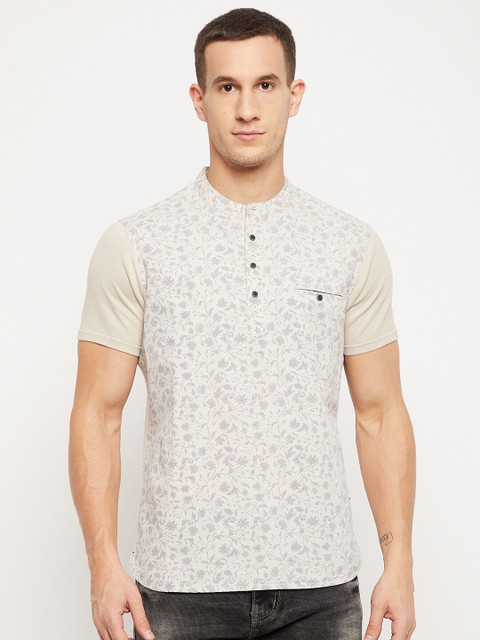 

Octave Men Beige Floral Printed Mandarin Collar Pure Cotton T-shirt
