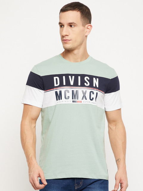 

Octave Men Green & Blue Typography Colourblocked 100% Cotton Regular T-shirt