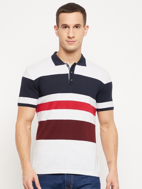 

Octave Men White & Navy Blue Striped Polo Collar Cotton T-shirt
