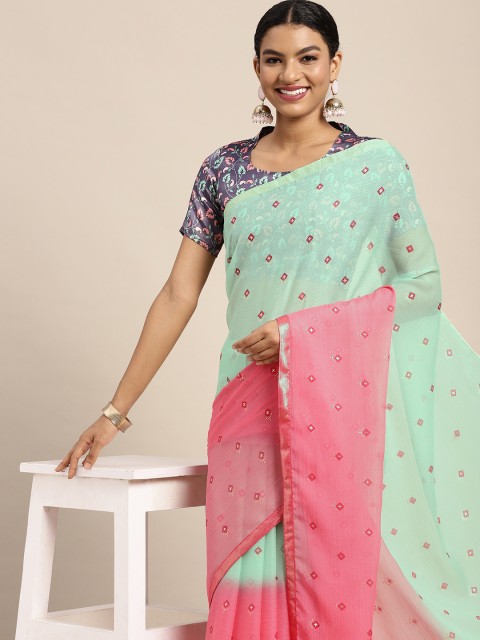 

Satrani Green & Pink Ethnic Motifs Pure Chiffon Saree