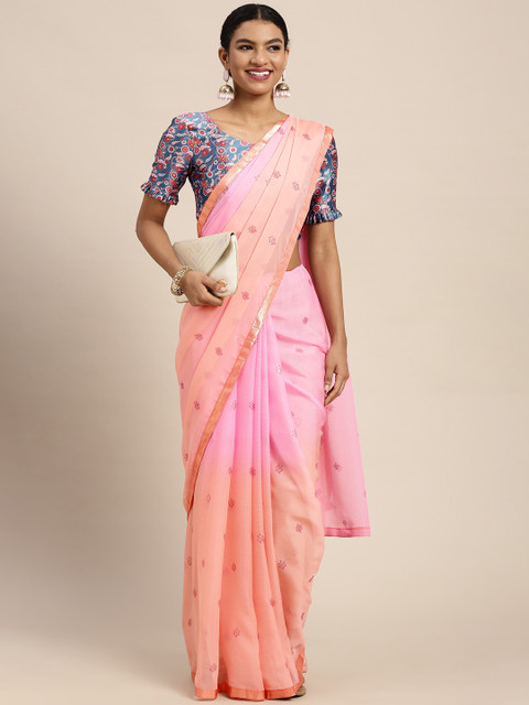 

Satrani Peach-Coloured & Pink Ethnic Motifs Zari Pure Chiffon Saree