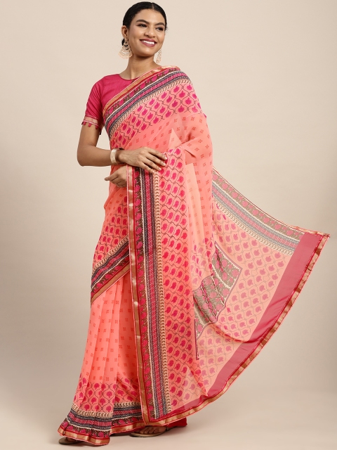 

Satrani Pink Ethnic Motifs Pure Georgette Saree