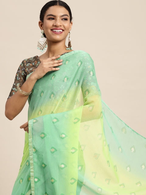 

Satrani Green & Yellow Ethnic Motifs Zari Pure Chiffon Saree