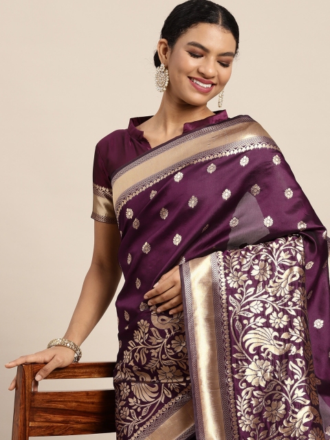 

Satrani Purple & Gold-Toned Floral Zari Saree