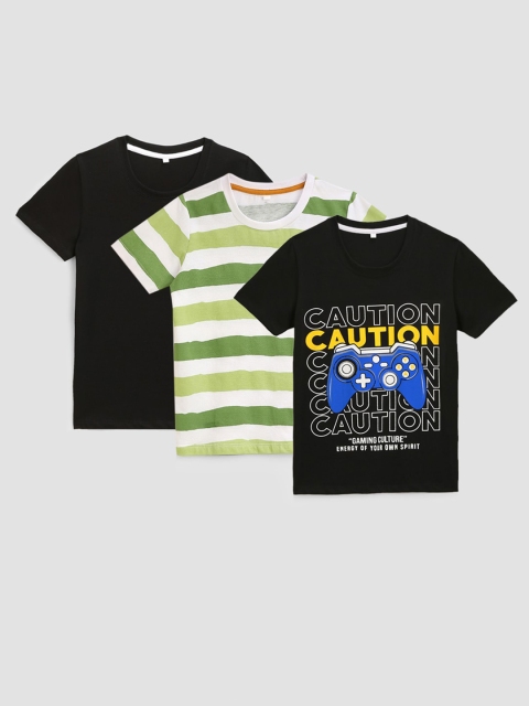 

KIDSCRAFT Boys Black & Green Striped T-shirt Pack Of 3