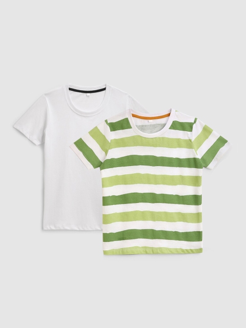 

KIDSCRAFT Boys White & Green Striped T-shirt Pack Of 2