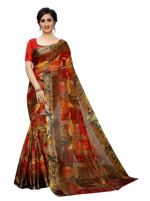 

PERFECTBLUE Red & Brown Abstract Print Cotton Linen Saree