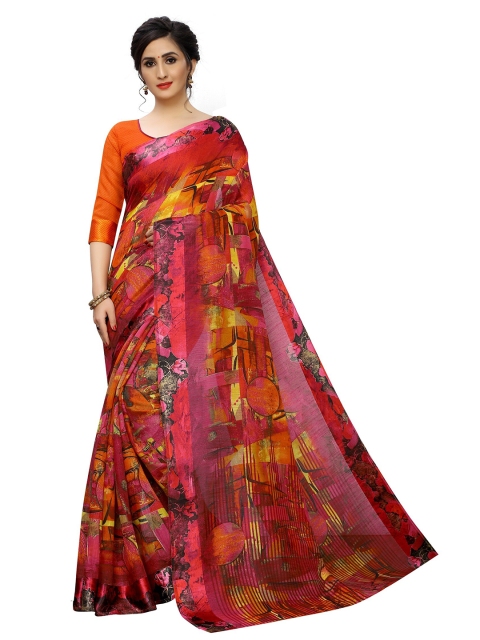 

PERFECTBLUE Orange & Pink Floral Print Cotton Linen Saree