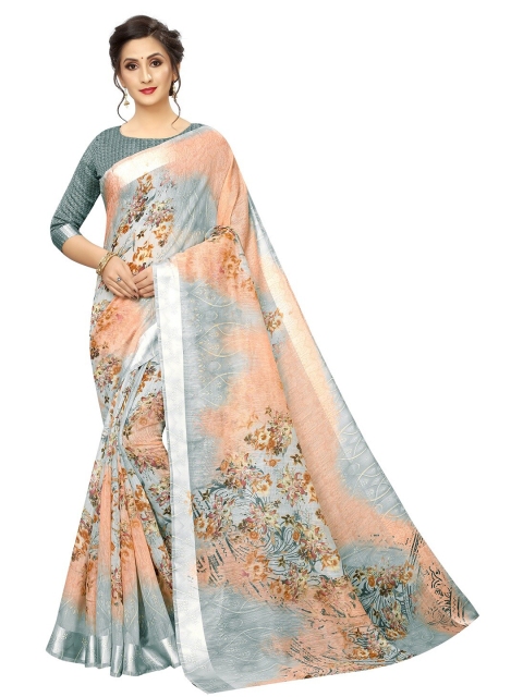 

PERFECTBLUE Grey & Peach-Coloured Floral Cotton Linen Saree