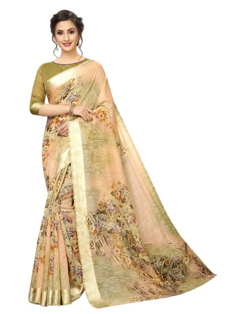 

PERFECTBLUE Mustard & Peach-Coloured Floral Cotton Blend Saree