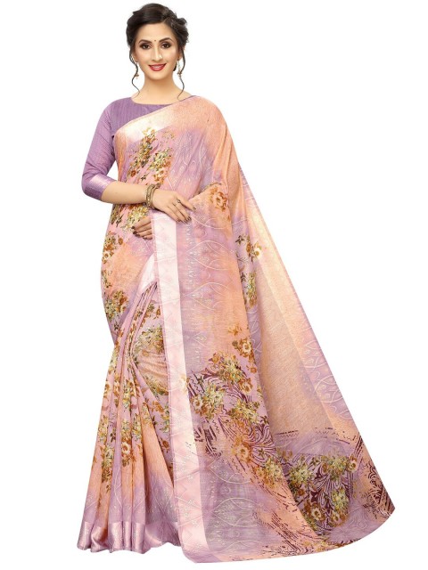 

PERFECTBLUE Lavender & Peach-Coloured Floral Cotton Blend Saree