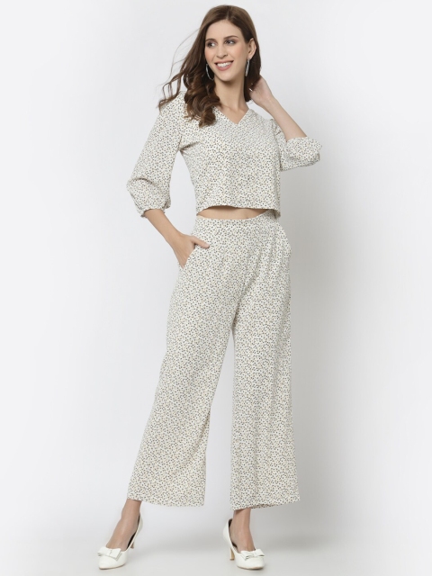 

Mafadeny Women Off White & Black Printed Top with Palazzos