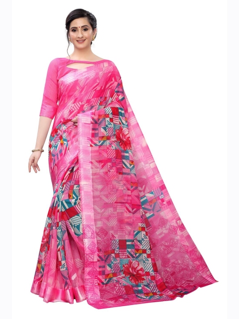 

PERFECTBLUE Pink & Teal Printed Cotton Linen Saree