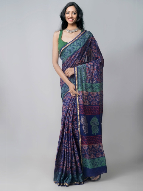 

Unnati Silks Navy Blue & Orange Ethnic Motifs Rajasthani Cotton Patola Saree