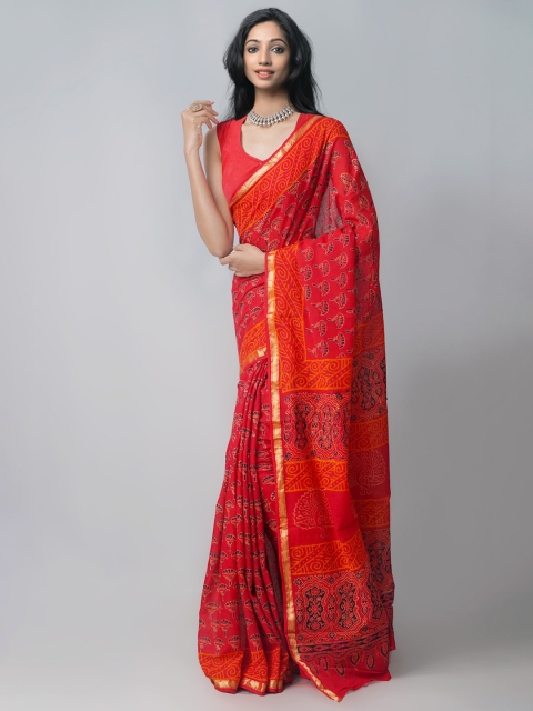 

Unnati Silks Red & Coffee Brown Ethnic Motifs Zari Patola Saree