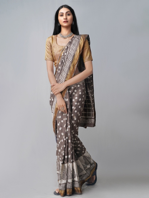 

Unnati Silks Grey & White Dabu Zari Pure Cotton Dabu Saree