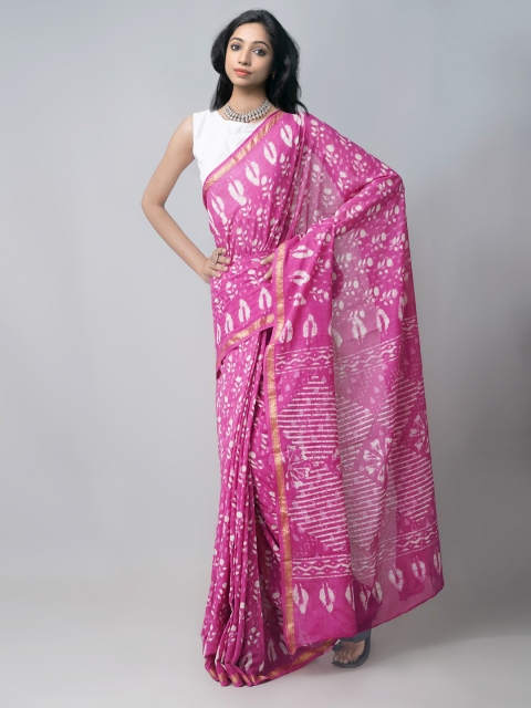 

Unnati Silks Pink & White Dabu Mulmul Cotton Saree