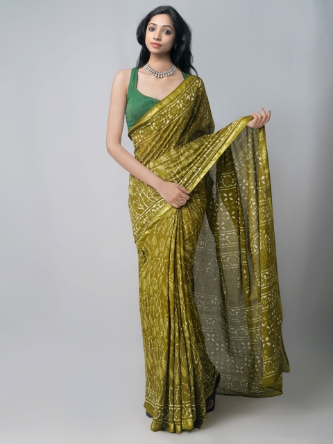 

Unnati Silks Green & White Dabu Zari Pure Cotton Dabu Handloom Saree