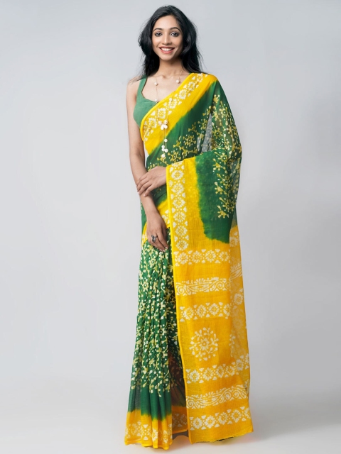 

Unnati Silks Green & Yellow Batik Pure Cotton Kota Saree