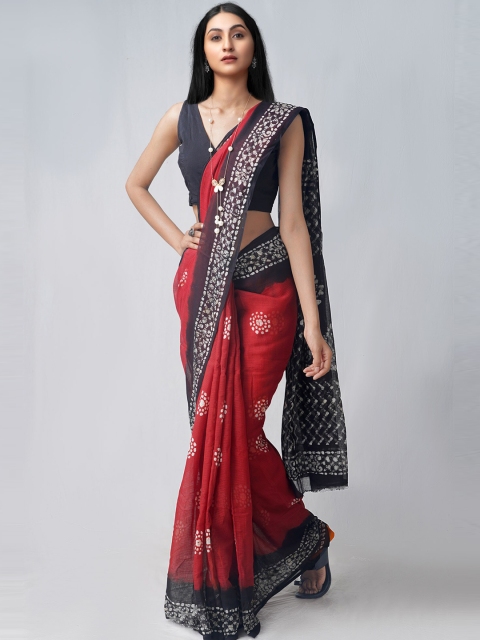 

Unnati Silks Red & Black Batik Pure Cotton Kota Saree